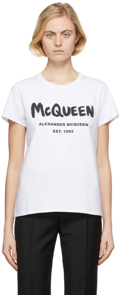 Shop Alexander Mcqueen White Graffiti T-shirt In 0909 White / Black