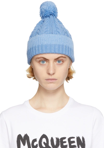 Shop Alexander Mcqueen Blue Cable Knit Beanie In 4900 Sky Blue