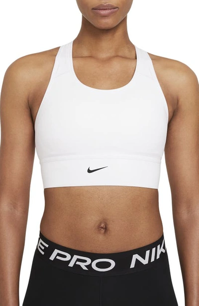 Shop Nike Dri-fit Swoosh Padded Longline Sports Bra In White/ Black