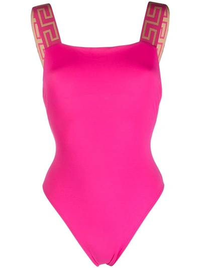 Shop Versace Greca Key One-piece Swimsuit In Pink & Purple