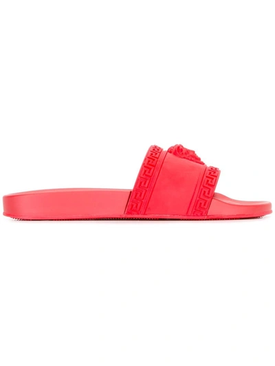 Shop Versace Embossed Medusa Slides Sandals In Red