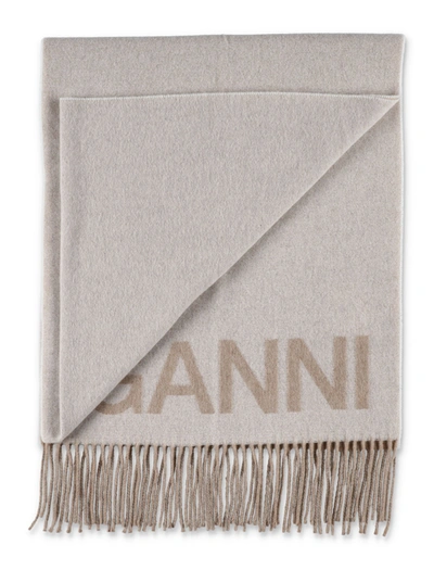 Shop Ganni Logo Intarsia Fringed Scarf In Beige
