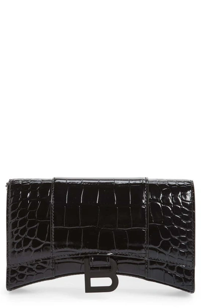 Shop Balenciaga Hourglass Croc Embossed Leather Wallet On A Chain In 1000 Black