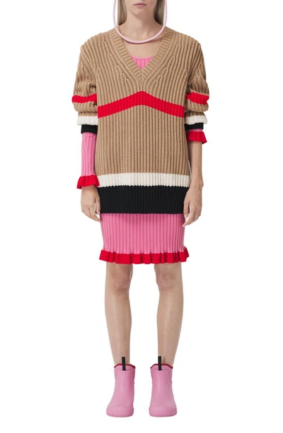 Shop Burberry Salma Icon Stripe Oversize Cashmere Blend Sweater In Camel