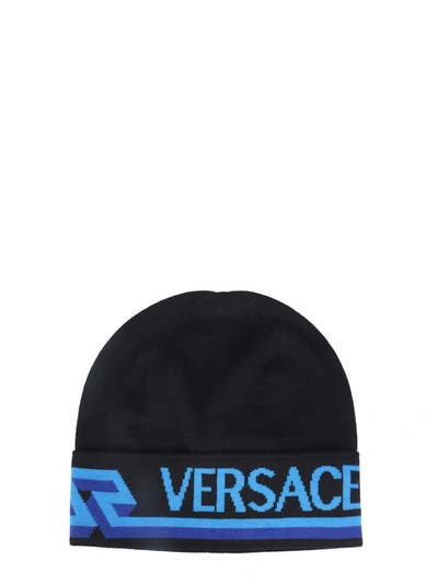 Shop Versace Beanie Hat With Greek In Nero