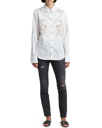 Shop Dolce & Gabbana Lace Insert Poplin Shirt W/ Crystal Buttons In White