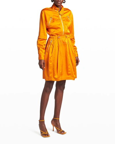 Bottega Veneta Zip Detail Long Sleeve Fluid Satin Dress In Tangerine