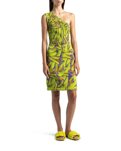Shop Bottega Veneta Hagihara-print Crinkled One-shoulder Dress In Multicolor