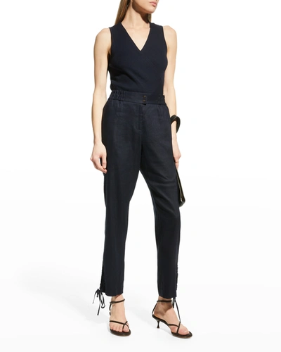 Shop Milly Yvonne Stretch Linen Pants In Navy