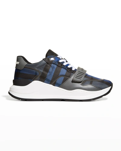 Shop Burberry Men's Ramsey Check Trainer Sneakers In Oceanic Blue Ip C