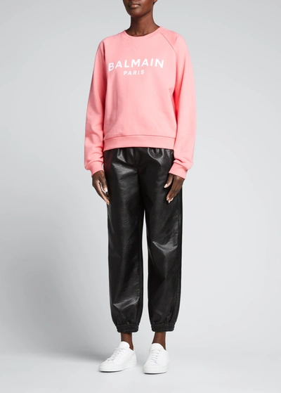 Shop Balmain Logo-print Crewneck Cotton Sweatshirt In Salmon Pink/white