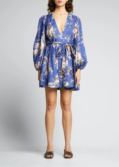 Shop Zimmermann Moonshine Wrap Short Dress In Blue Watercolour