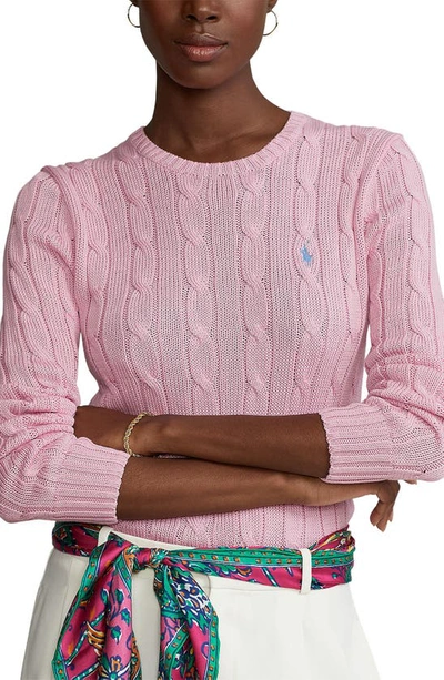Shop Polo Ralph Lauren Cable Knit Cashmere Sweater In Carmel Pink/ Dusty Blue