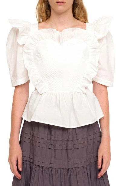 Shop Sea Heidi Heart Puff Sleeve Open Back Cotton Blouse In White