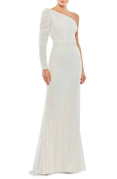 Shop Mac Duggal One-shoulder Long Sleeve Sequin Trumpet Gown In White