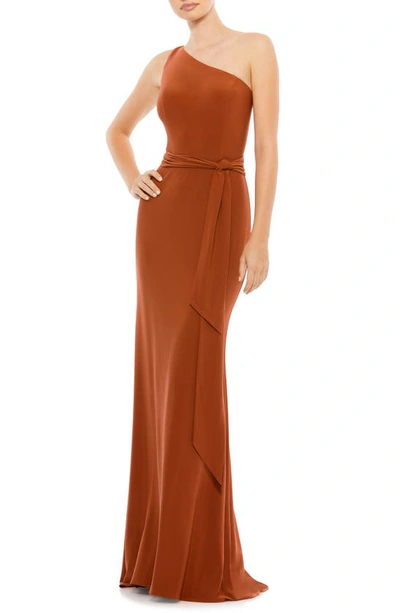 Shop Mac Duggal One-shoulder Jersey Sheath Gown In Brick