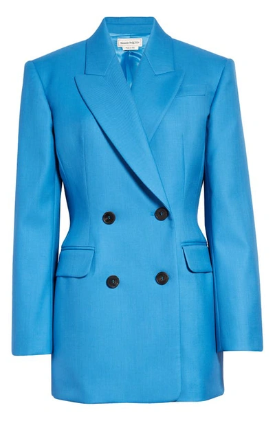 Shop Alexander Mcqueen Double Breasted Wool Blazer In Cerulean Blue