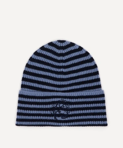 Shop Ganni Striped Cashmere-wool Blend Beanie Hat In Sky Captain