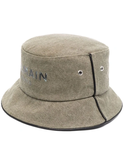 Shop Balmain B-army Logo-print Piped-trim Bucket Hat In Green