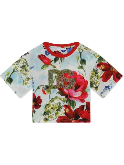 Shop Dolce & Gabbana Metallic Embroidered-logo Floral T-shirt In Blue
