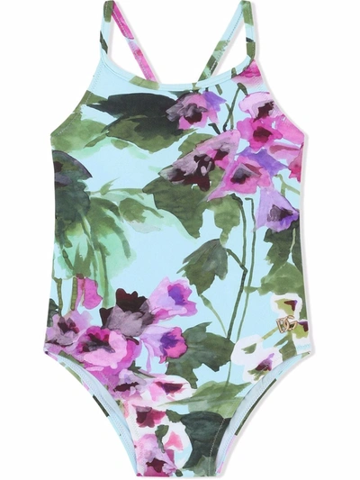 Shop Dolce & Gabbana Flora-print Crossover-strap Swimsuit In Blue