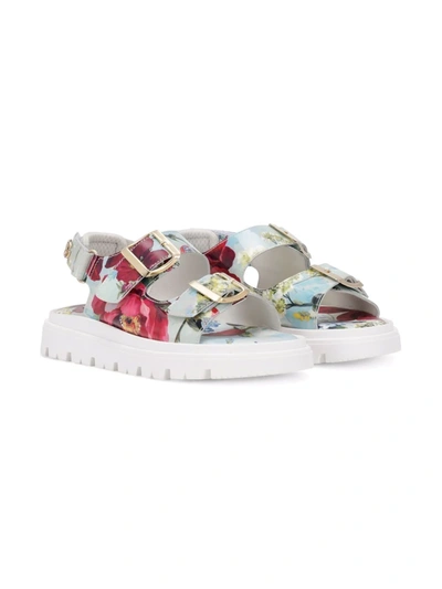 Shop Dolce & Gabbana Floral-print Double-buckle Sandals In Blue