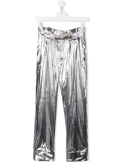 Shop Balmain Teen Metallic Straight-leg Trousers In Grey