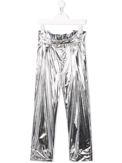 Shop Balmain Metallic Straight-leg Trousers In Grey