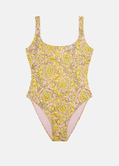 Shop Versace Barocco Print One-piece Swimsuit In Pink+yellow