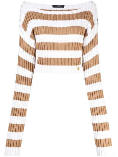Shop Balmain Cropped Off-shoulder Striped Knit Top Tan And White