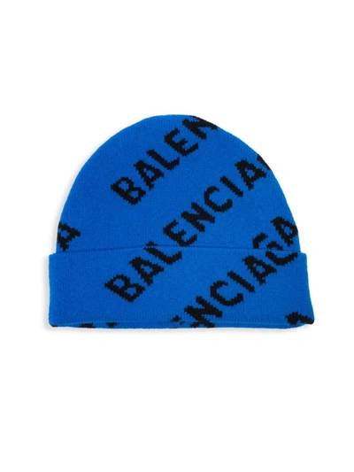Shop Balenciaga Women's Allover Logo Wool Beanie In Blue Black