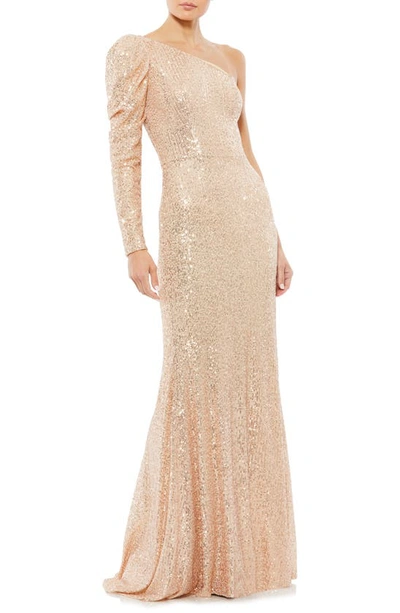 Shop Mac Duggal One-shoulder Long Sleeve Sequin Trumpet Gown In Rose Gold
