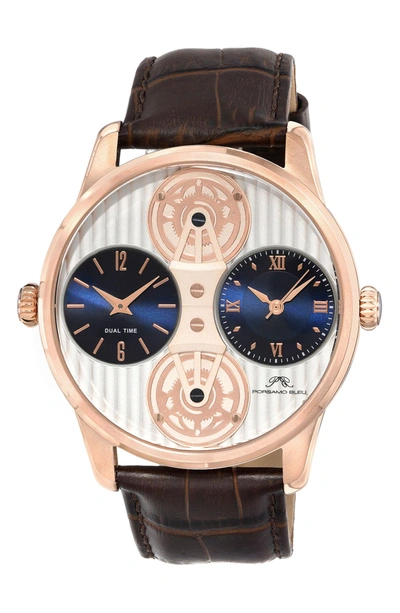 Shop Porsamo Bleu Benedict Double Movement Leather Strap Watch, 46mm In Rose/ Brown