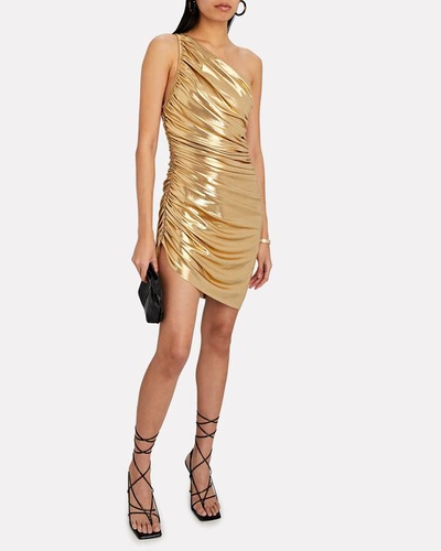 Shop Norma Kamali Diana Ruched One-shoulder Mini Dress In Gold