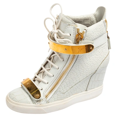 Pre-owned Giuseppe Zanotti White Croc Embossed Leather Coby High-top Sneakers Size 38