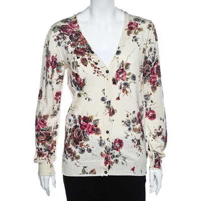 Pre-owned Dolce & Gabbana D & G Cream Floral Printed Wool Button Front Cardigan L