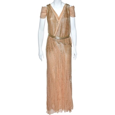 Pre-owned Roberto Cavalli Gold Bead Embellished Silk Overlay Belted Detail Maxi Dress M