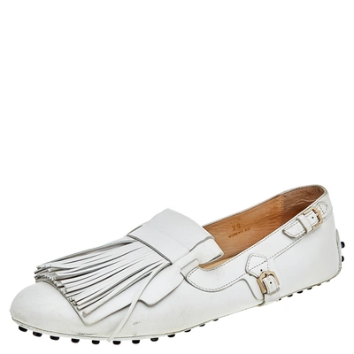 Pre-owned Tod's White Leather Fringe Slip On Loafers Size 39
