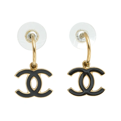 Black Enamel CC Logo Gold Tone Metal Earrings