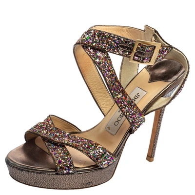 Pre-owned Jimmy Choo Multicolor Coarse Glitter Leather Platform Sandals Size 37