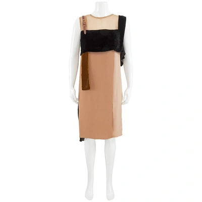 Shop Burberry Silk And Velvet Strap Detail Dress In Biscuit