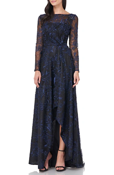 Shop Carmen Marc Valvo Infusion Embroidered Mesh Long Sleeve High/low Gown In Navy Black