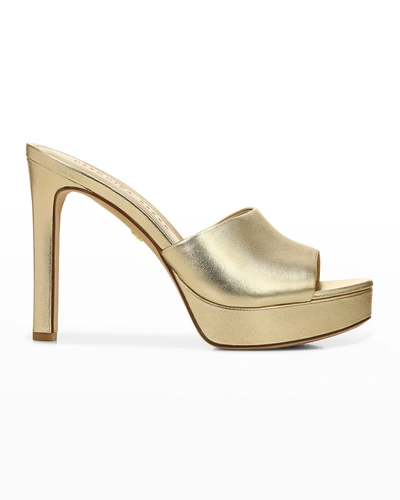 Shop Veronica Beard Dali Leather Slide Platform Sandals In Metallic Lightgol