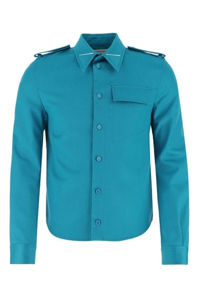 Shop Bottega Veneta Teal Green Stretch Wool Shirt Blue  Uomo 50