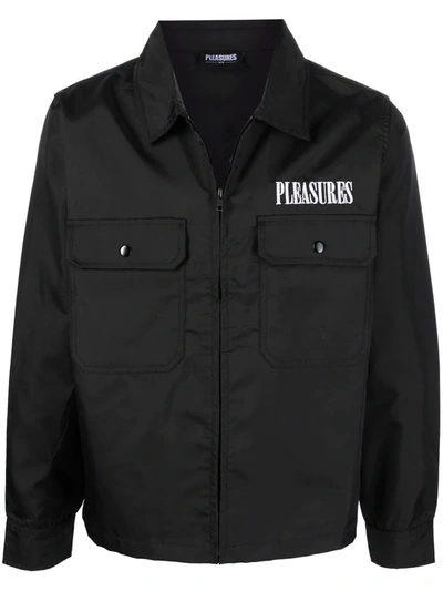 Shop Pleasures Embroidered-logo Shirt Jacket In Black