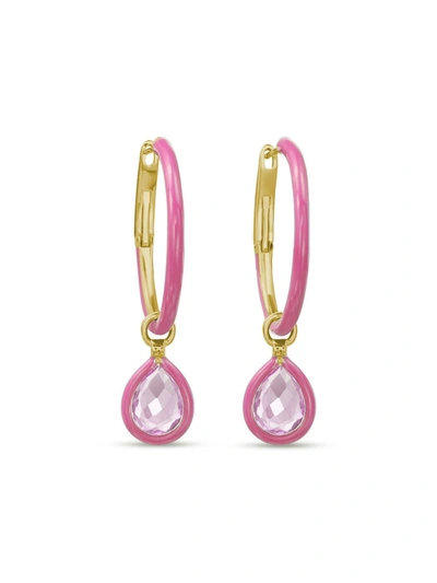 Shop Nina Runsdorf 18k Rose Gold Mini Huggies With Rose Quartz Flip Charms In Webster Pink And Rose Gold