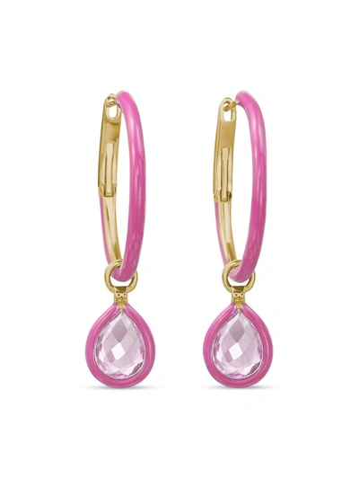 Shop Nina Runsdorf 18k Rose Gold Small Enamel Hoop Earrings With Rose Quartz Flip Charms In Webster Pink And Rose Gold