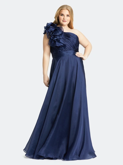 Shop Mac Duggal One-shoulder Ruffle Evening Gown In Mid Night