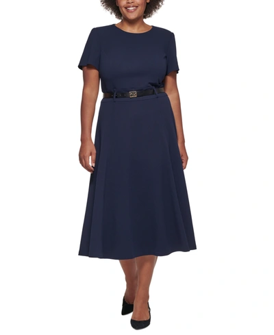 Shop Calvin Klein Plus Size Belted A-line Dress In Indigo