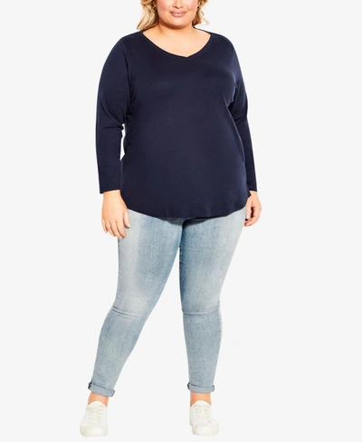Shop Avenue Plus Size V-neck Essential Long Sleeve T-shirt In Navy